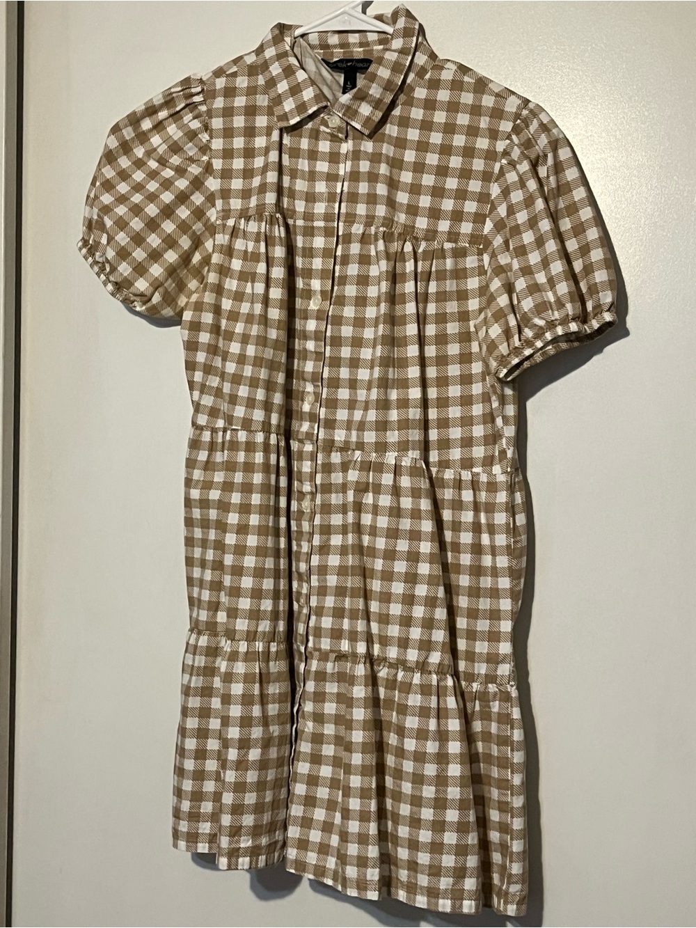 Derek Heart Tan & White Gingham Tiered Button Dress